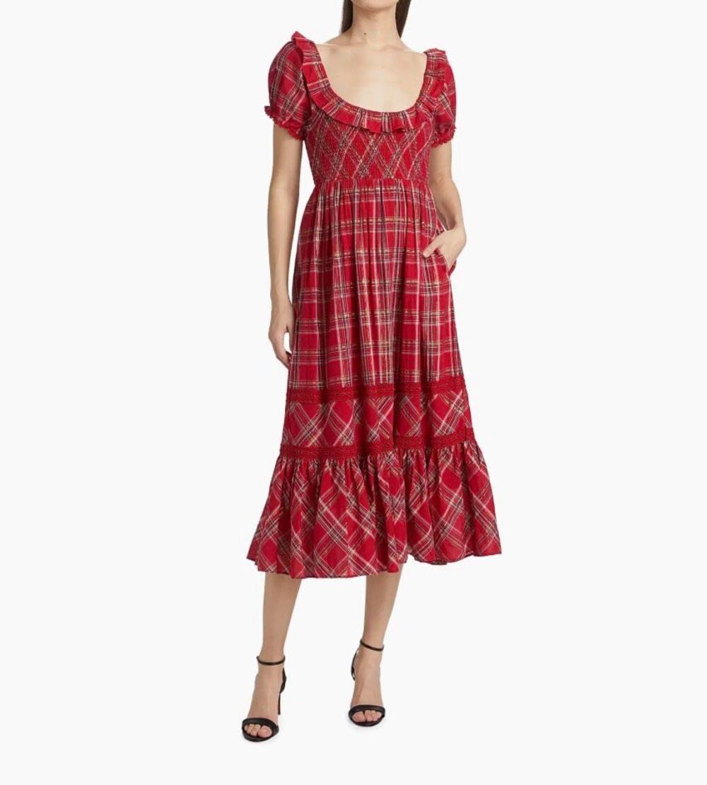 LoveShackFancy Gerania Midi-Dress Cherry Red Plaid Puff Sleeves Smocked Size XXS